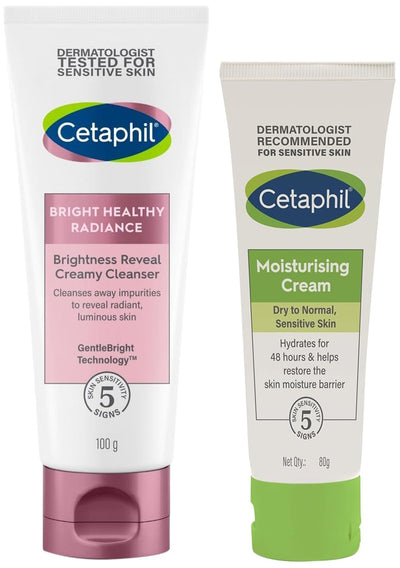 Cetaphil Brightness Reveal Creamy Cleanser - 100 g& Cetaphil Moisturising Cream for Face & Body, Dry to very dry skin, 80 gm - red
