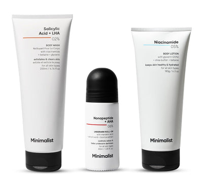 Minimalist Body Care Kit | 2% Salicylic Acid Body Wash + Underarm Roll-On + Niacinamide 5% Body Lotion | Ideal for Body Acne & Bumpy Skin, Hydration & Barrier Repair, Odor & Darkness | For Women & Men - red
