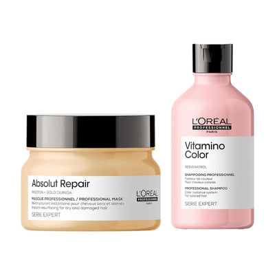 L'Oréal Professionnel Paris Serie Expert Vitamino Shampoo Protects Hair Colour From Fading,Adds Shine With Antioxidant Properties&Serie Expert Absolut Repair Masque 250 Gm,For Dry&Damaged Hair - red