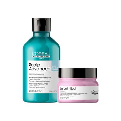 L'Oréal Professionnel Paris Scalp Advanced Anti-Dandruff Dermo-Clarifier Shampoo 300 Ml+L'Oréal Professionnel Liss Unlimited Hair Mask With Pro-Keratin For Rebellious Frizzy Hair, Serie Expert, 250Gm - red