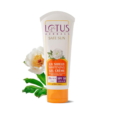 Lotus Herbals UV Shield Whitening Gel Sunscreen Cream SPF 50 PA +++ With UVA, UVB & IR Protection, Skin Brightening, Preservatives Free & No White Cast Formula | Suitable For All Skin Types | Non-Oily | 50g - red