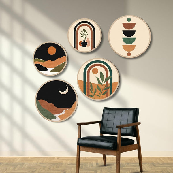 Boho Geometric Wall Art Set of 5 – Modern Abstract Round Prints with Moon, Sun, Arches, and Nature Designs – Minimalist Aesthetic Wall Decor for Living Room or Bedroom image 2