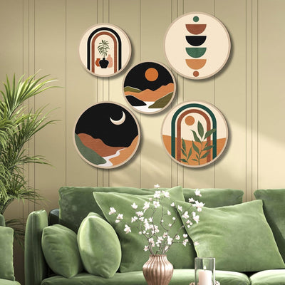 Boho Geometric Wall Art Set of 5 – Modern Abstract Round Prints with Moon, Sun, Arches, and Nature Designs – Minimalist Aesthetic Wall Decor for Living Room or Bedroom - red