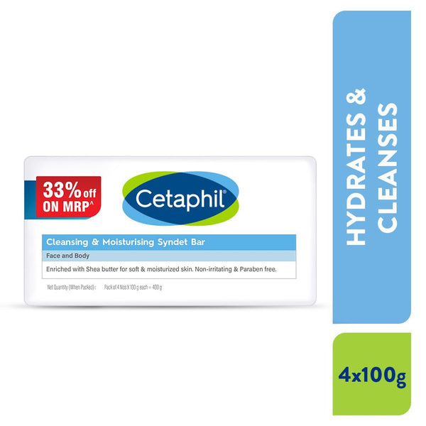 Cetaphil Cleansing Moisturizing Syndet Bar 4x100 gm – Gentle Soap-Free Syndet Cleansing Bar Pack with Shea Butter Blend, pH Balanced Moisturizing & Hydrating Formula for Sensitive & Dry Skin, Hypoallergenic & Non-Irritant Daily Cleanser for Face & Body image 2