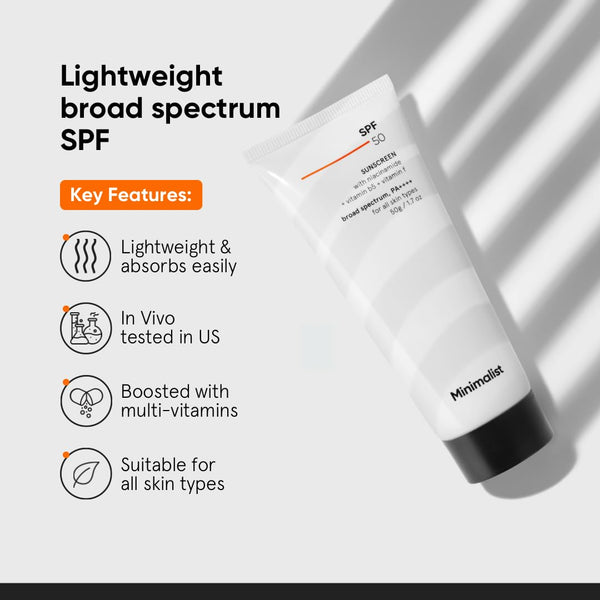 Minimalist Sunscreen SPF 50 PA+++ with Niacinamide & Multi-Vitamins | Clinically Tested in US (In-Vivo) | Lightweight with Multi-Vitamins | No White Cast | Broad Spectrum | Face Sunscreen for Men & Women | 50gm image 2