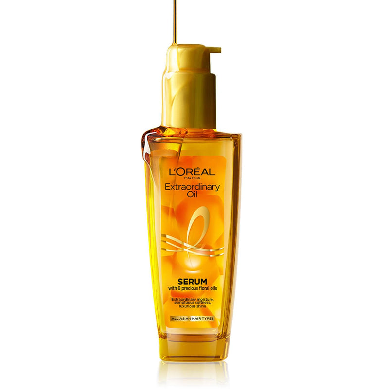 L'Oreal Paris Extraordinary Oil Hair Serum Powered by Floral Oils for All Hair Types, Volume- 100 ml, Makes hair frizz-free, stronger, shiny and provides UV and Heat Protection, Lightweight Formula - red