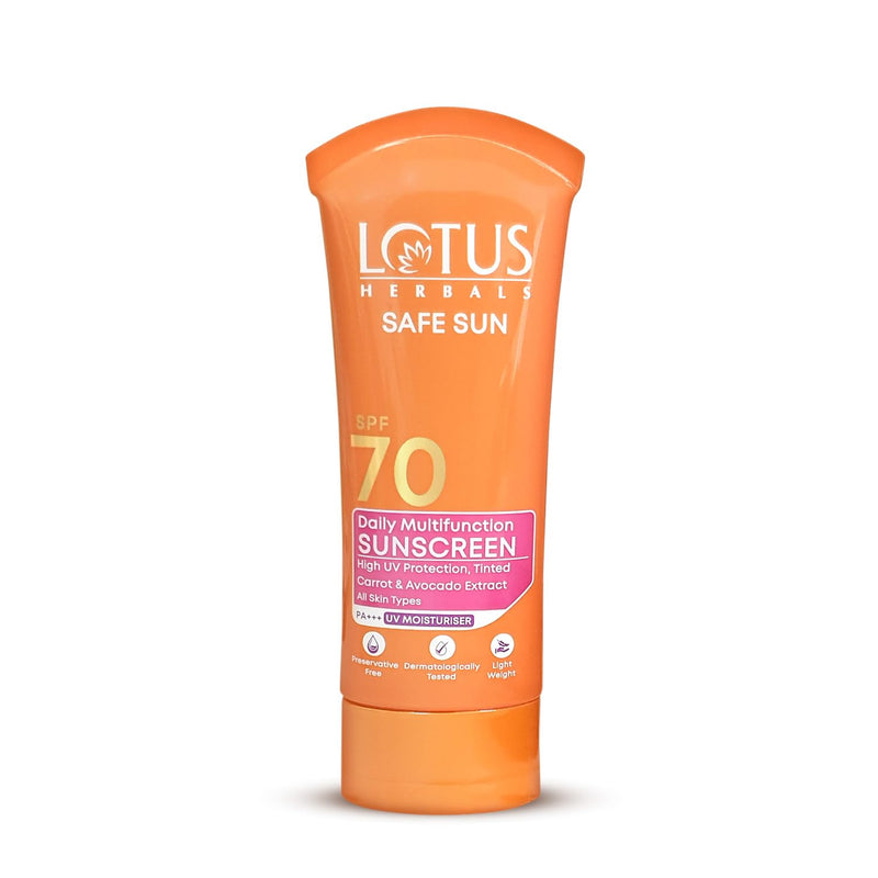 Lotus Herbals Sunscreen Daily Multi Function Sunscreen SPF 70 PA+++ | Carrot and Avocado | Preservative Free | Oil Free | Suitable For All Skin Types | For Women and Men | 60 g - brown