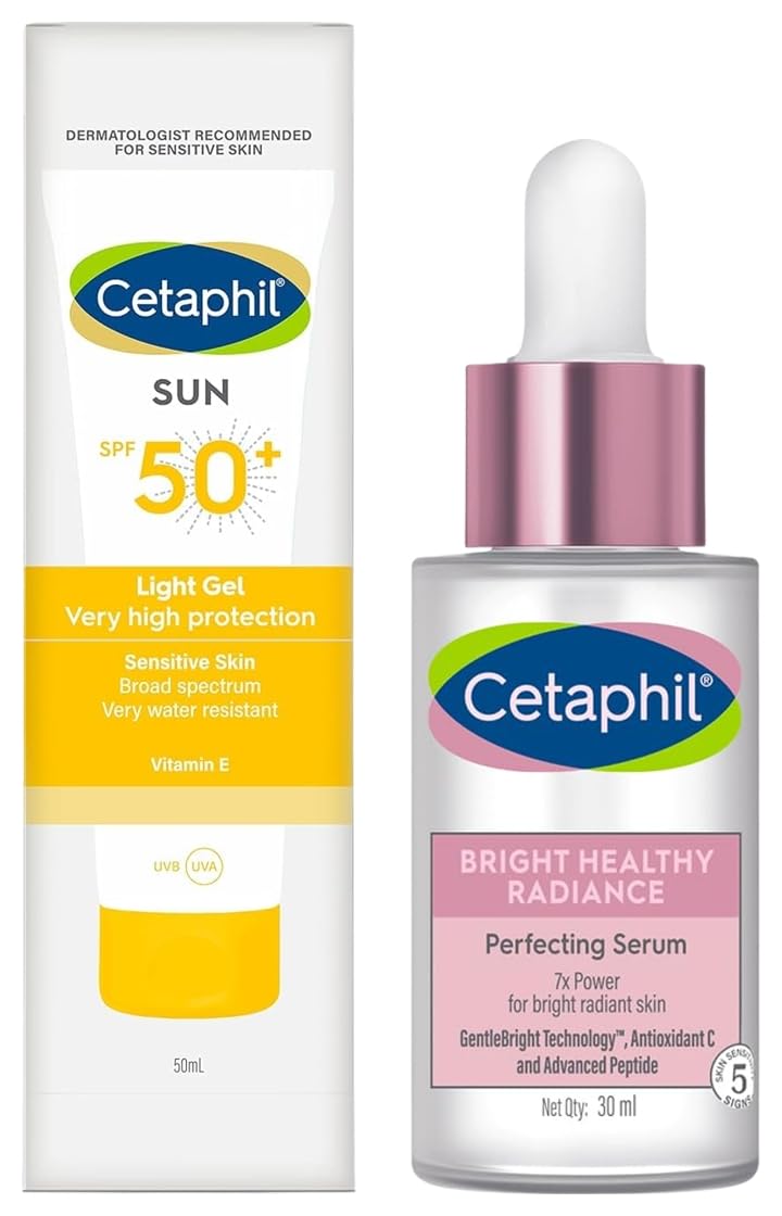 Cetaphil Bright Healthy Radiance Brightening |Glow Serum | 30ml Combination Skin Sun Spf 50 Sunscreen, Very High Protection Light Gel, Water Resistant, Vitamin E, 50 Ml, Pack Of 1 - blue