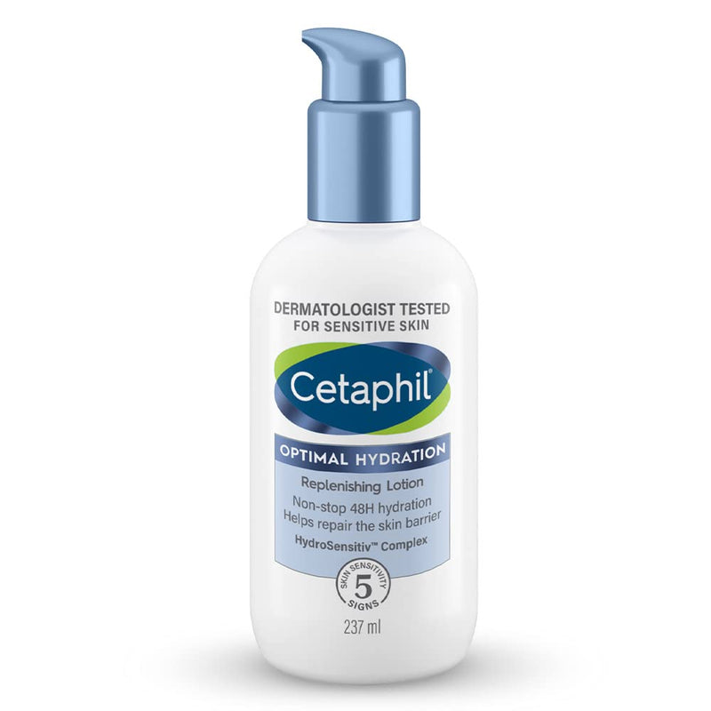 Cetaphil Optimal Hydration Replenishing Body Lotion 237ml | Lightweight moisturizer & non-greasy | Hyaluronic Acid, Sunflower Oil, Blue Daisy extract | Dermatologist Recommended for Sensitive Skin - blue