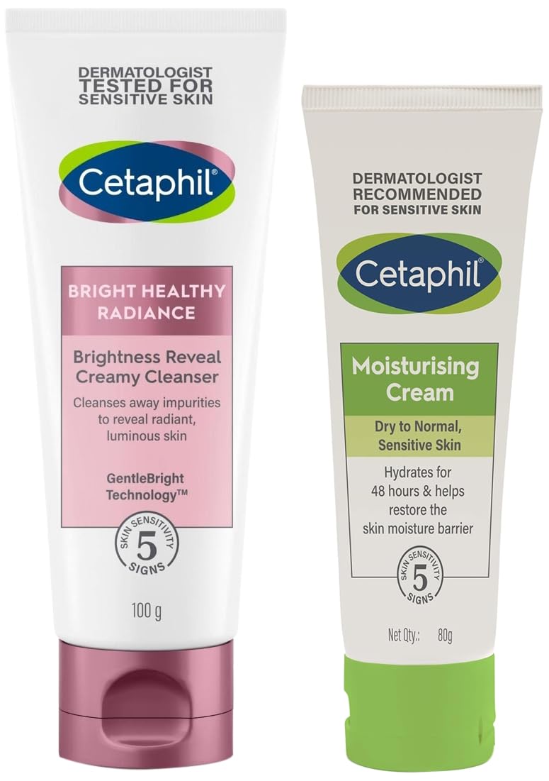 Cetaphil Brightness Reveal Creamy Cleanser - 100 g& Cetaphil Moisturising Cream for Face & Body, Dry to very dry skin, 80 gm - red