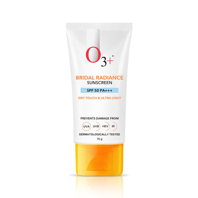 O3+ Bridal Radiance Sunscreen SPF 50 PA +++ Dry Touch & Ultra Light Non-greasy and leaves no white cast Prevents Damage From UVA | UVB | HEV | IR | Dermatologist Tested | 75g - red