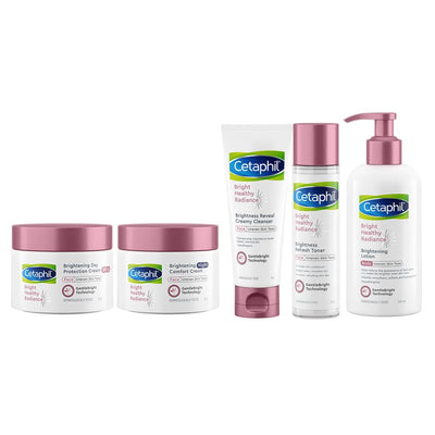 Cetaphil Bright Healthy Reveal Creamy Cleanser, Pack of 100gm, Radiance Refresh Toner 150ml, Day and Night Protection Cream, 50ml, Body Lotion, 245 g, White, Combo - red