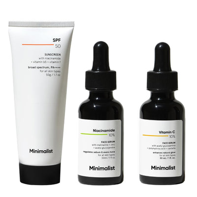 Minimalist Essential Bundle: 10% Niacinamide Serum with Zinc (30ml) for Oil Control & Acne + 10% Vitamin C Serum (30ml) for Dark Spots & Glow + SPF 50 PA++++ Sunscreen (50g) - red