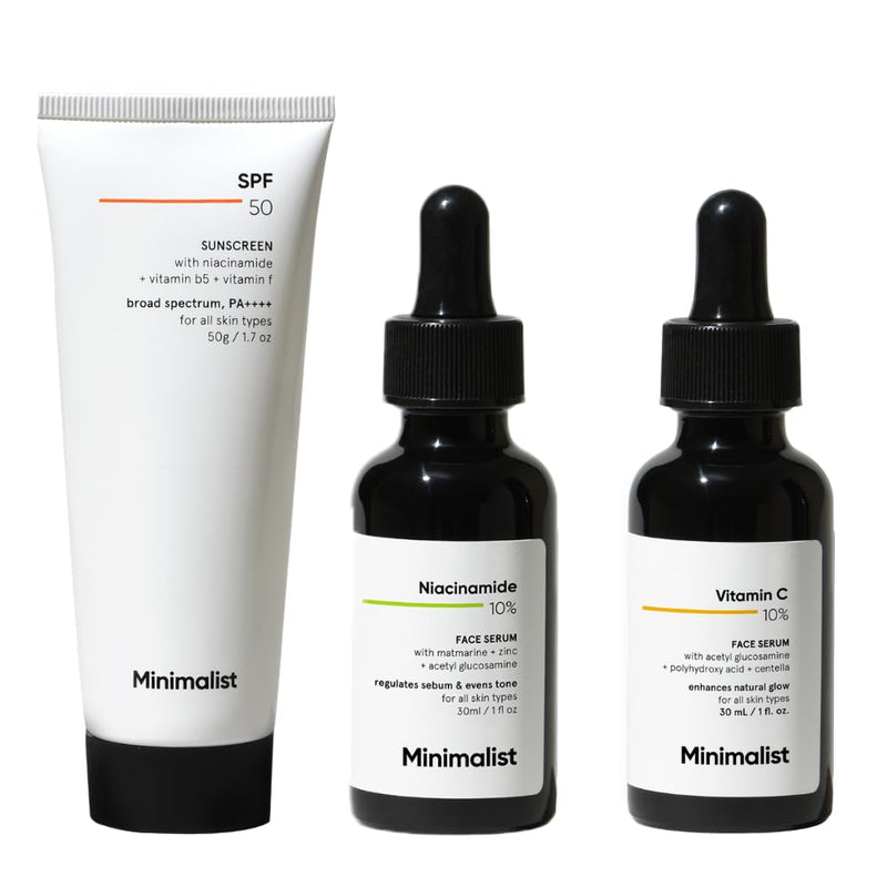 Minimalist Essential Bundle: 10% Niacinamide Serum with Zinc (30ml) for Oil Control & Acne + 10% Vitamin C Serum (30ml) for Dark Spots & Glow + SPF 50 PA++++ Sunscreen (50g) - red