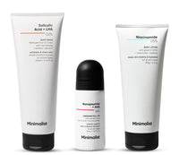 Minimalist Body Care Kit | 2% Salicylic Acid Body Wash + Underarm Roll-On + Niacinamide 5% Body Lotion | Ideal for Body Acne & Bumpy Skin, Hydration & Barrier Repair, Odor & Darkness | For Women & Men - red