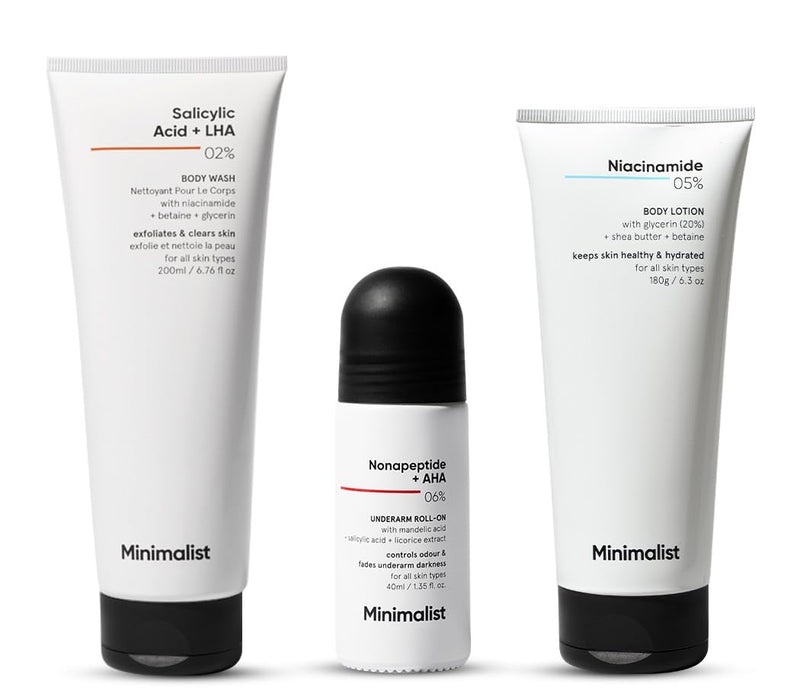 Minimalist Body Care Kit | 2% Salicylic Acid Body Wash + Underarm Roll-On + Niacinamide 5% Body Lotion | Ideal for Body Acne & Bumpy Skin, Hydration & Barrier Repair, Odor & Darkness | For Women & Men - red