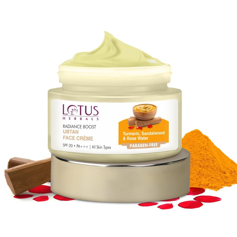Lotus Herbals Radiance Boost Ubtan Face Cream SPF 20| Turmeric, Sandalwood and Rose Water | Glowing Skin | Reducing Dark Spots| Paraben free | Mineral Oil Free | 50g - red