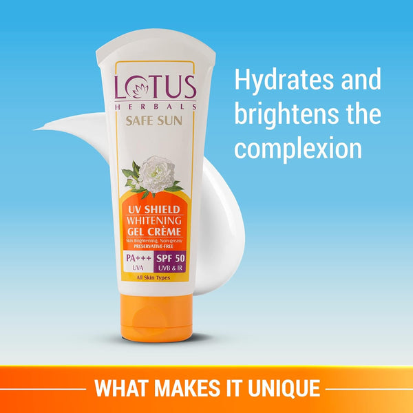 Lotus Herbals UV Shield Whitening Gel Sunscreen Cream SPF 50 PA +++ With UVA, UVB & IR Protection, Skin Brightening, Preservatives Free & No White Cast Formula | Suitable For All Skin Types | Non-Oily | 50g image 2