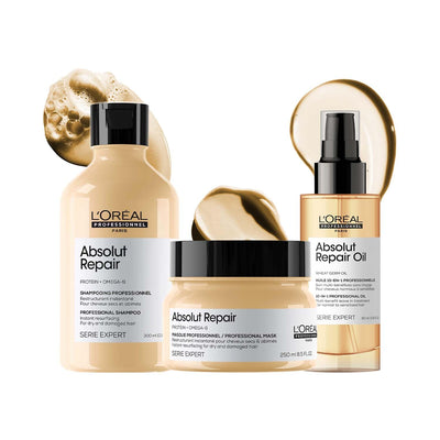 L'Oréal Professionnel Serie Expert Absolut Repair Shampoo 300ml, Hair Mask 250ml & Hair Serum 90Ml, With Protein and Omega-9, For Dry And Damaged Hair - red