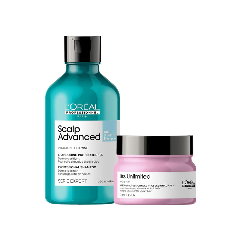 L'Oréal Professionnel Paris Scalp Advanced Anti-Dandruff Dermo-Clarifier Shampoo 300 Ml+L'Oréal Professionnel Liss Unlimited Hair Mask With Pro-Keratin For Rebellious Frizzy Hair, Serie Expert, 250Gm - red