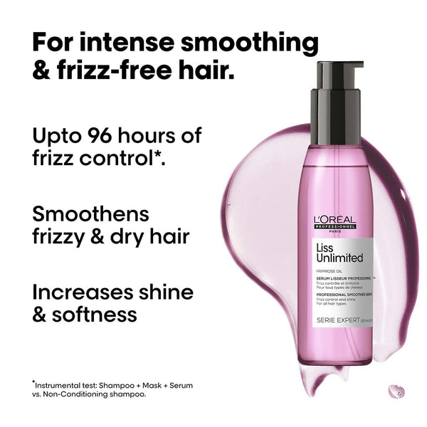L'Oréal Professionnel Liss Unlimited Leave-In Hair Serum for Frizzy & Unruly Hair - 125ml | Intensive Smoothing Serum for Frizz-Control | Enriched with Primrose Oil | Increases Softness & Shine image 2