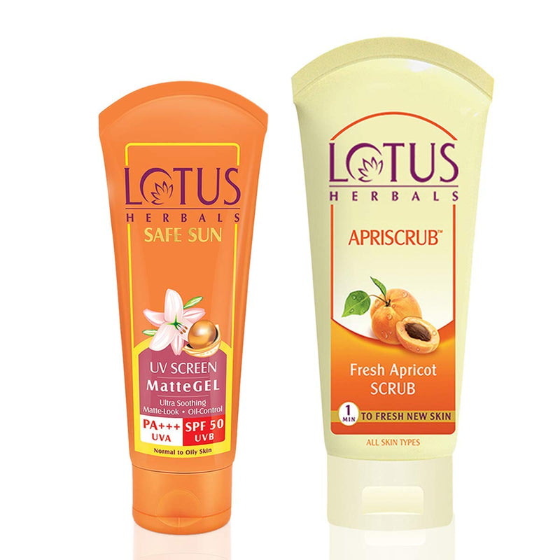 Lotus Herbals Safe Sun UV Screen Matte Gel Pa+++ SPF-50, 50g with Apriscrub�Fresh Apricot Scrub, 60g - black