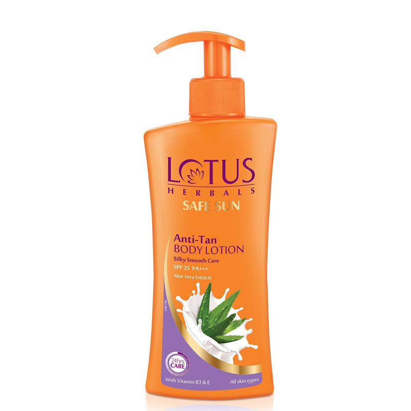 Lotus Herbals Safe Sun Anti - Tan Body Lotion With Aloevera Extracts & Vitamin E & B3 | SPF 25 PA+++ | For Silky Smooth Skin Care | 24 Hour Nourishment | Suitable For All Skin Types | For Women And Men | 250ml - red
