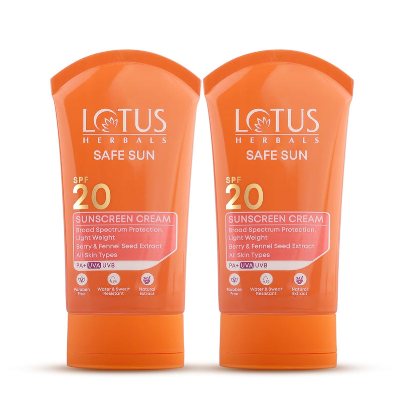 Lotus Herbals Safe Sun Sunscreen Cream - Breezy Berry SPF 20 PA+| Sweat & Waterproof, Non-Greasy| Berry extract| | All skin types|50g (Pack Of 2) - Default Title