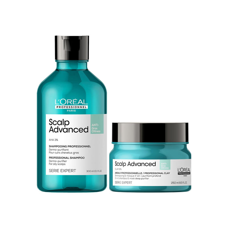 L’Oréal Professionnel Scalp Advanced Anti-Oiliness Dermo-Purifier Shampoo 300 ml + L’Oréal Professionnel Scalp Advanced Anti-Oiliness 2-In-1 Deep Purifier Clay 250 gm | For Oily Scalp - Default Title