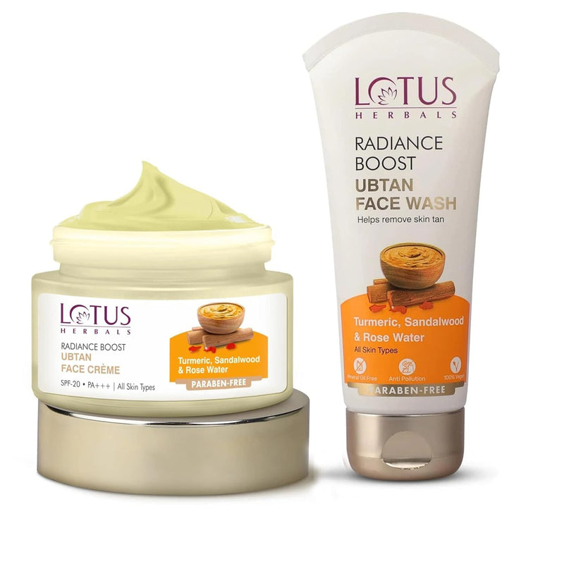 Lotus Herbals Radiance Boost Ubtan Face Cream SPF 20 50gm And Radiance Boost Ubtan Face Wash 100gm | (Pack of 2) Turmeric, Sandalwood and Rose Water| Glowing Skin|Reducing Dark Spots - black
