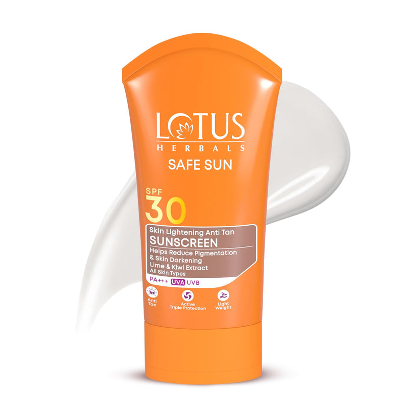 Lotus Herbals Safe Sun Skin Lightening Anti-Tan SunBlock Sunscreen | SPF 30 And PA+++ | Helps Reduce Pigmentaion | With UVA, UVB Protection | Suitable For All Skin Types | For Women And Men | 50g - red