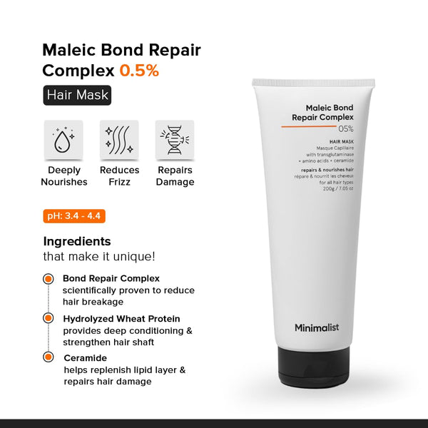 Minimalist Hair Mask For Frizzy Hair, Repairing Dry, Damaged & Dull Hair | Maleic Bond Repair Complex 05% with Transglutaminase, Amino Acids & Ceramides | For Damaged & Treated Hair | Controls Frizzy Hair | For Women & Men | 100 gm image 2