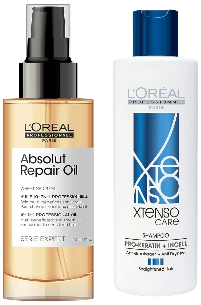 L'OREAL PROFESSIONNEL PARIS Absolut Repair Oil 10-In-1 Multi-Benefit Leave-In Hair Serum, 90Ml & L'Oréal Professionnel Xtenso Care Shampoo 250 Ml, For Straightened Hair - red
